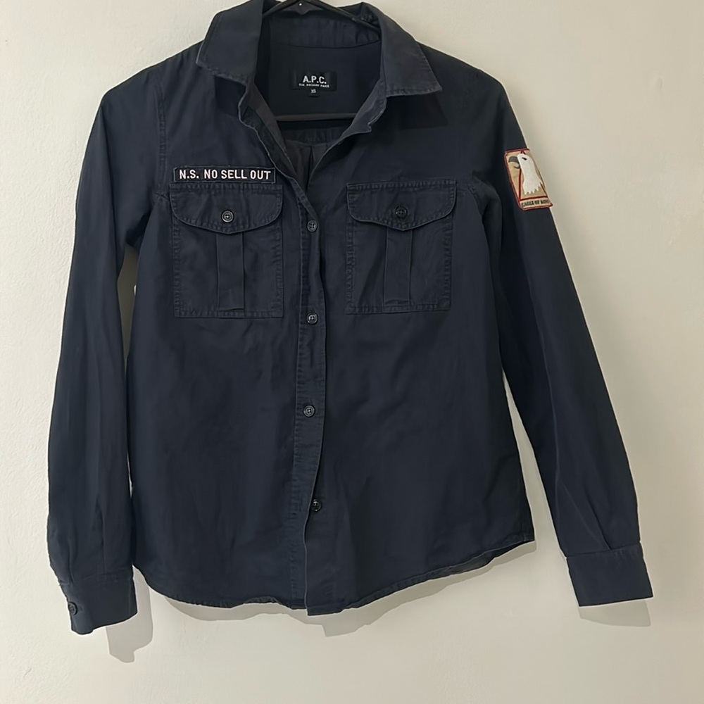 APC long sleeve button up navy blue shirt